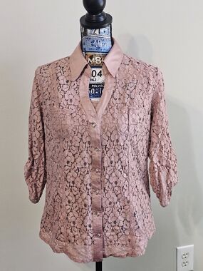 Halo Womens Dusty Pink Lace Button Down Blouse w/Tank Size Medium 3/4 Sleeves